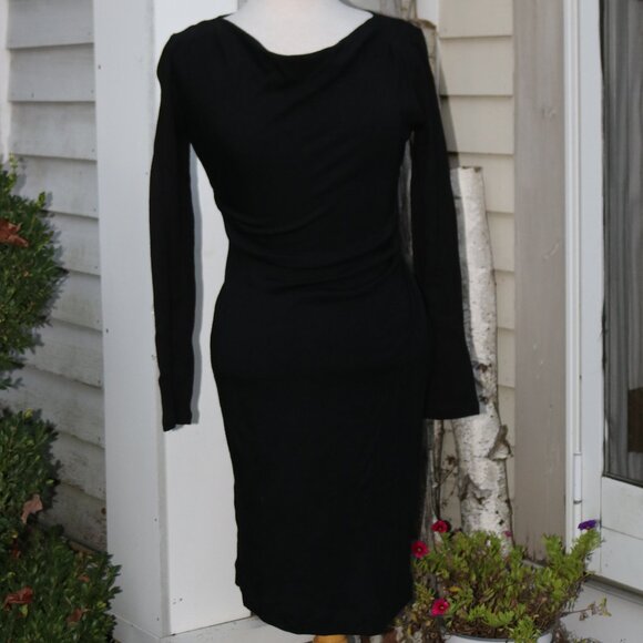 Banana Republic Black Wool Blend Knit Drape Neck Side Ruched Fitted Dress Sz MED - Picture 1 of 6